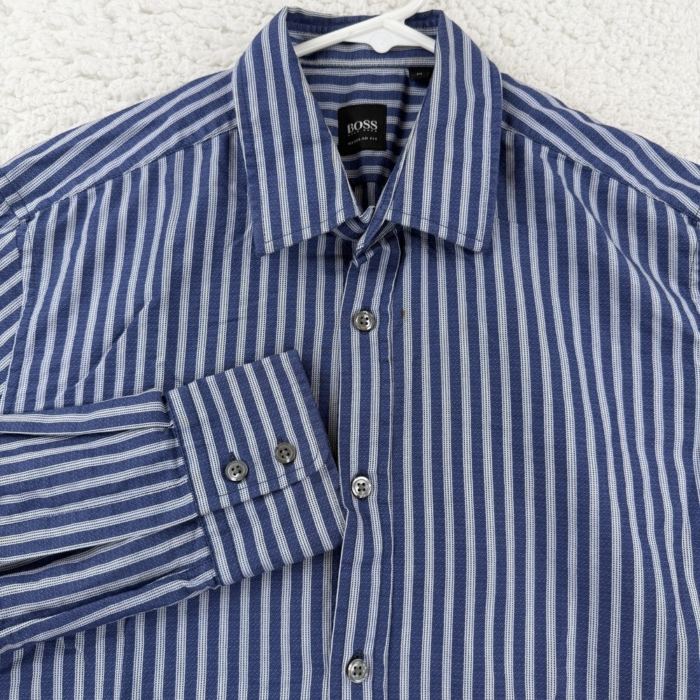 BOSS Hugo Boss Shirt Mens Medium Blue Stripe Regular Fit Long Sleeve Dress